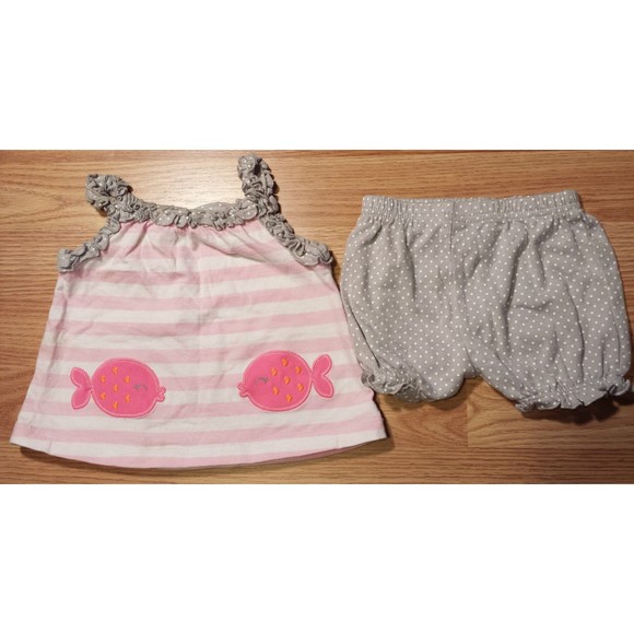Girl's Sz 3-6 M Months 2 Pc Carter's Striped Pink Neon Fish Top & Bloomer Shorts - Picture 1 of 9